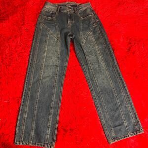 Fashion Nova Dark Wash Denim Jeans with Tan Stitching Mid Rise Wide leg Medium